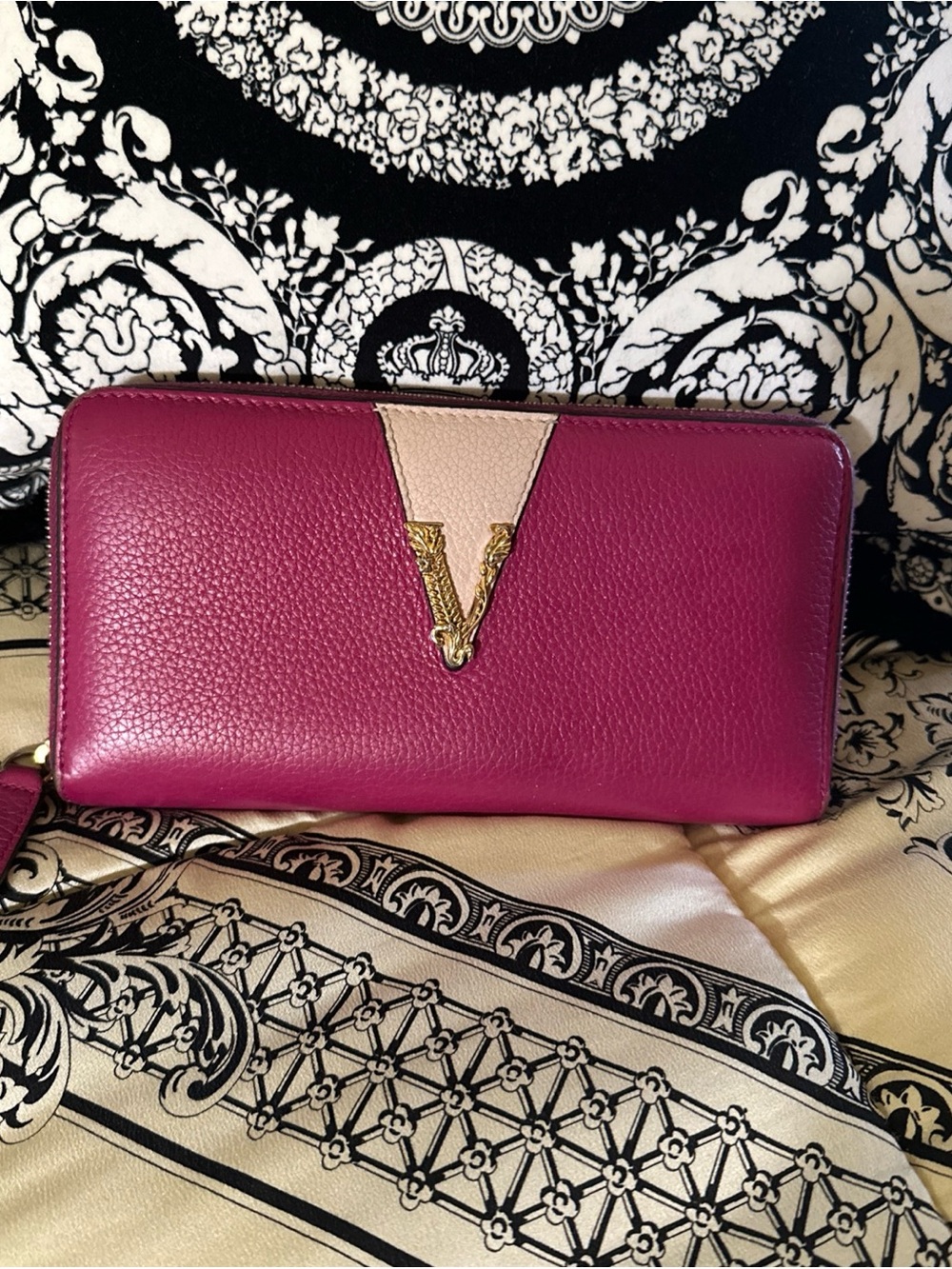 Versace Virtus Pink Calf Leather Zip Wallet with Gold accent